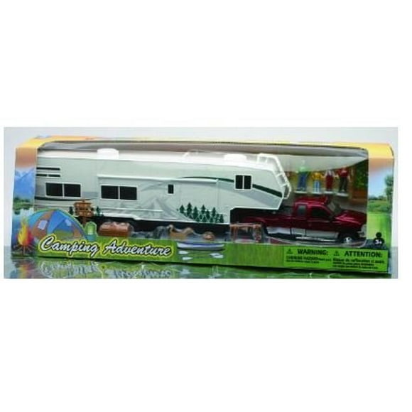 Collectible Diecast 1:32 Scale Ford Dually Pickup Model Toy Truck Replica with Fifth Wheel Camper Trailer & Camping Adventure Set with Accessories for Hobbyists, Collectors, & Kids, Red/Multicolor, 21