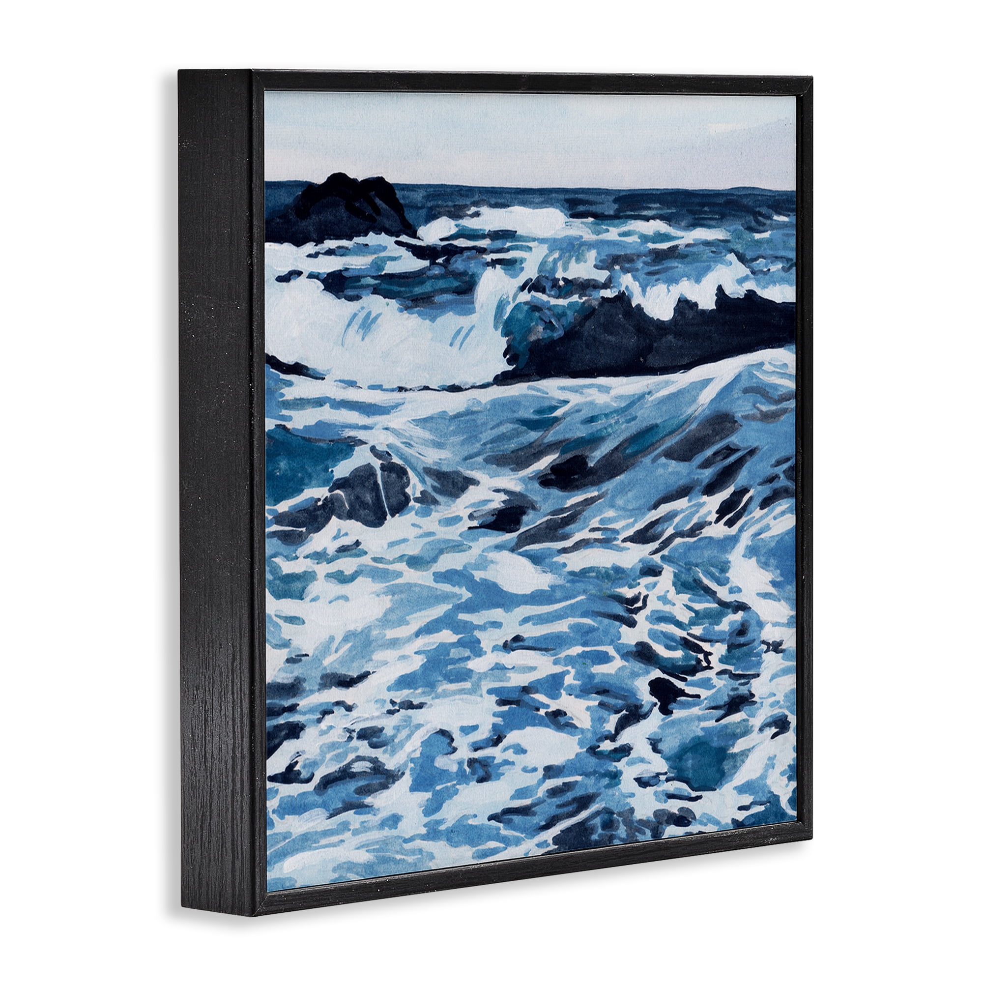 Stupell Industries Blue Coastal Waves Landscape Painting Black Framed Art Print Wall Art, 12 x 12