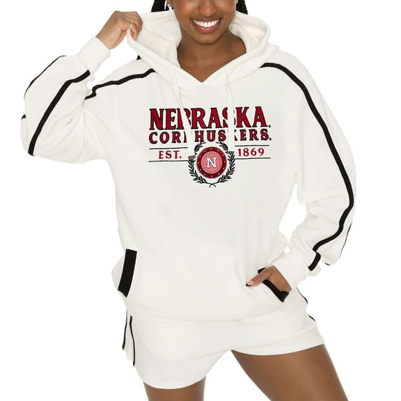 Women's Gameday Couture Cream Nebraska Huskers Down, Set, Go Pullover Hoodie and Shorts Set