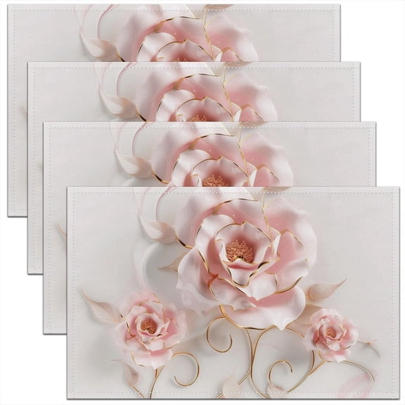 Floral 12x18 Aesthetic Pink Flower Place Mat for Boys Women Adults Teens Golden Leaves Dining Kitchen Table Mats Abstract Art Microfiber Placemats Set of 4