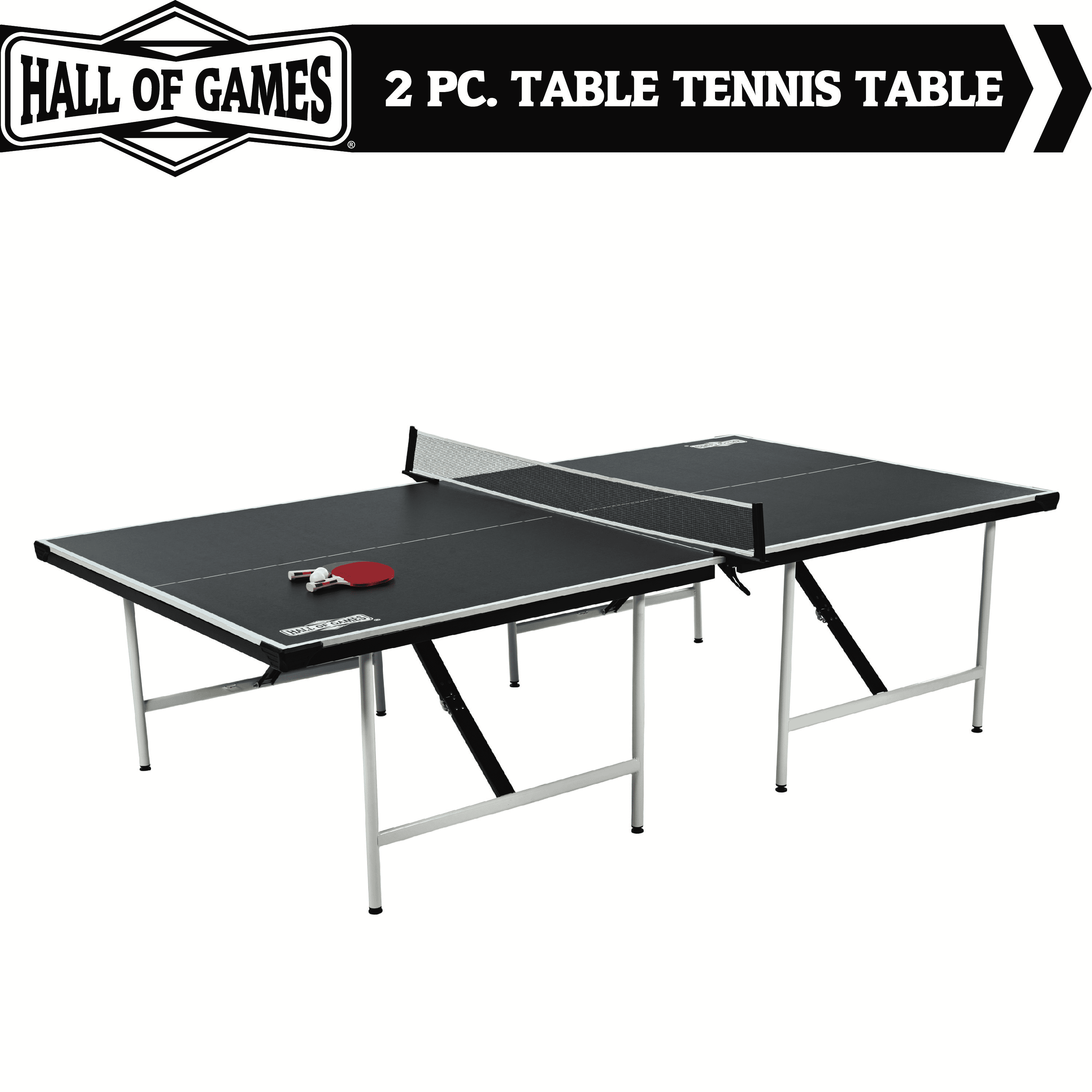 Hall of Games Official Size Ping Pong Table Tennis Table, Space Saving No Assembly Design with Accessories, Black/White