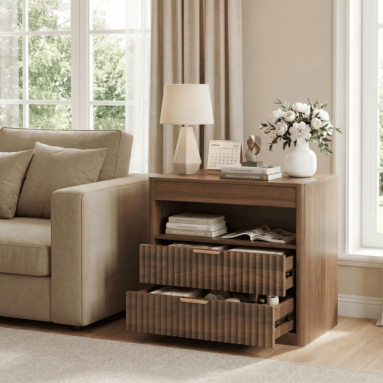 Stretchable Nightstand with Hidden Outlet 15.7x15.7x23.6 Inch Double Drawers for Bedroom Living Room