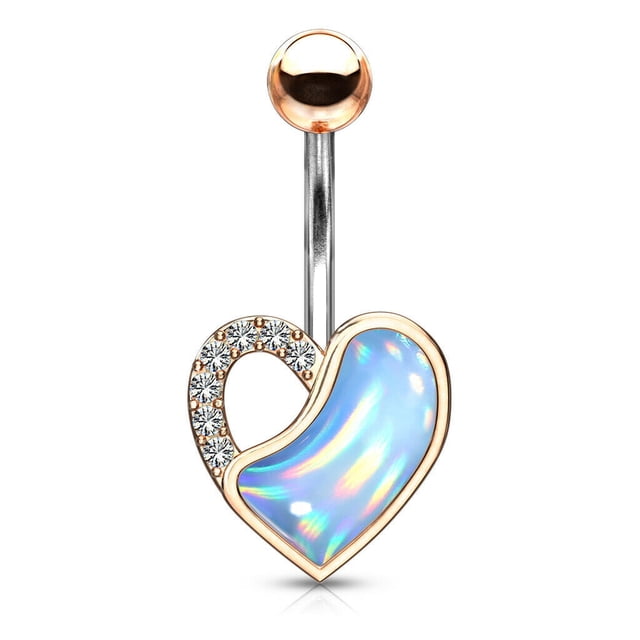 Belly Button Ring with Crystal Paved and Illuminating Stone Filled Heart - 14g
