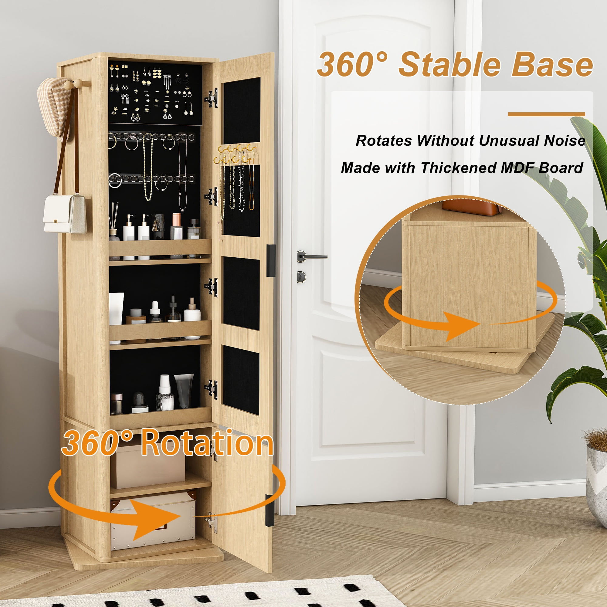 Yoneston 360° Rotating Makeup Cabinet with Full-Length Mirror, 4-in-1 Jewelry Cabinet with 4 Tier Open Shelves & Coat Rack, Standing Storage Cabinet with 2 Doors for Bedroom, Walnut