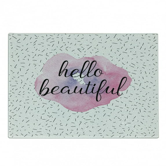 Hello Cutting Board, Words Watercolor Flower Pattern and Celebration Background, Decorative Tempered Glass Cutting and Serving Board, Small Size, Pale Pink Lavender Black, by Ambesonne