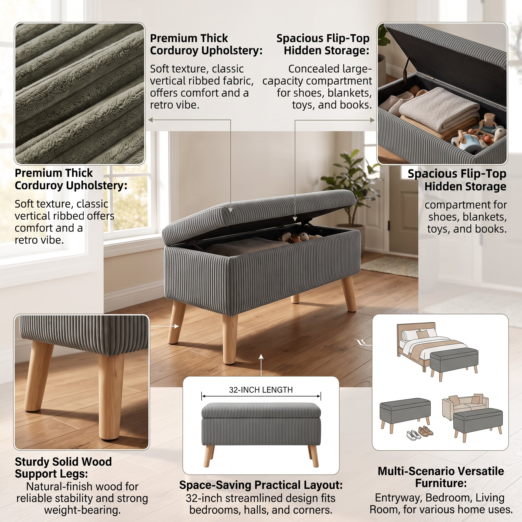 32 Inch Olive Grey Corduroy Storage Ottoman Bench with Wooden Legs, Flip Top Upholstered Storage Chest, Multi-Functional End of Bed Shoe Bench Footrest for Bedroom Entryway Living Room