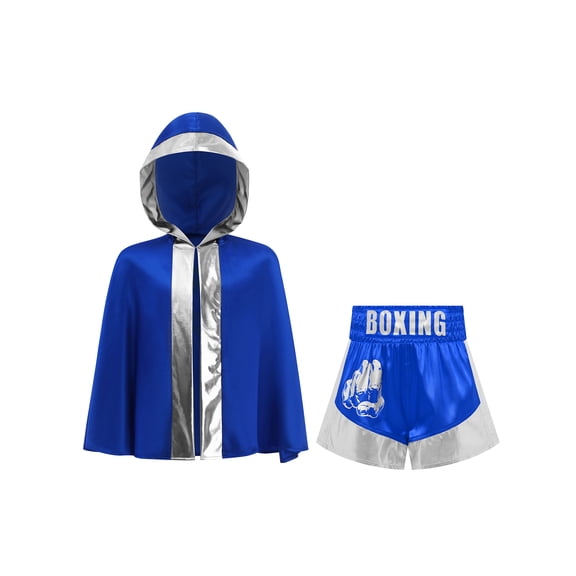 Haitryli Kids Boys Boxing Training Outfit Open Front Cloak With Print Shorts Kickboxing Competition Blue Silver 6