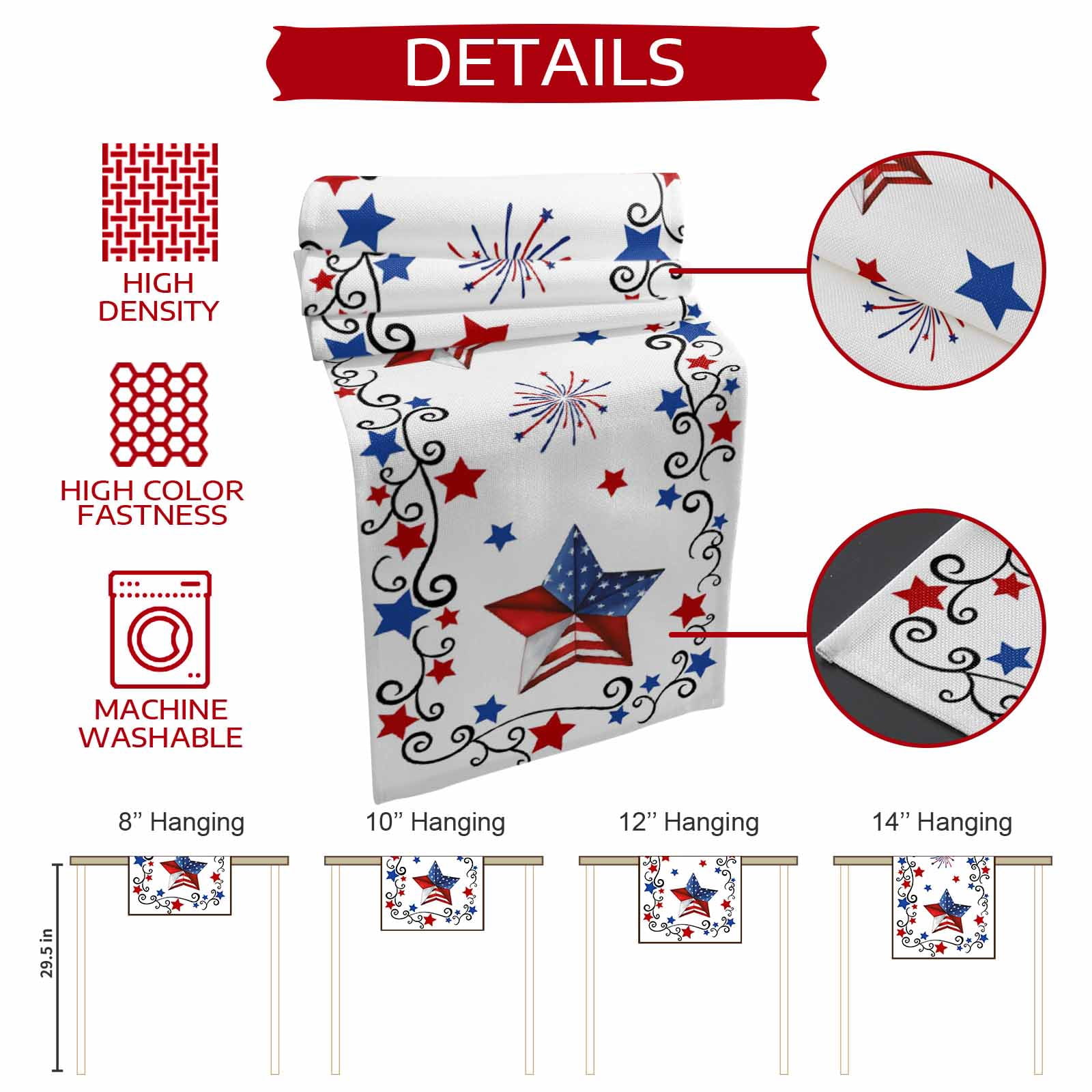 Table Runners 72 Inches Long Dress Scarves, Independence Day Farmhouse Kitchen Table Runner, Coffee Tablerunners, 4th of July Blue Red Star Fireworks 14x72 Inch