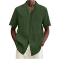 thumbnail image 2 of Kojanyu Men's Solid Color Casual Linen Cotton Open Front Short Sleeve Stand Collar Button-Up Shirt Top for All Season Wear S-XXL, 2 of 5