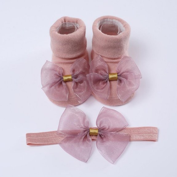 Baozhu Spring Autumn Baby Girls Socks Headband Set Newborn Baby Bowknot Socks Infant Baby Socks Anti Slip Soft Cotton Floor Sock Shoes