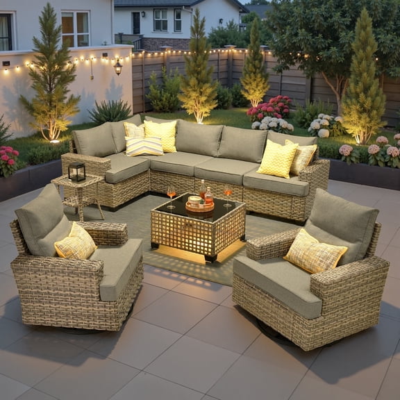 Ovios 9 Pieces Outdoor Patio Furniture with Swivel Chairs High-Back All-Weather Rattan Wicker Conversation Set Outdoor Sectional with Solar Light Coffee Table