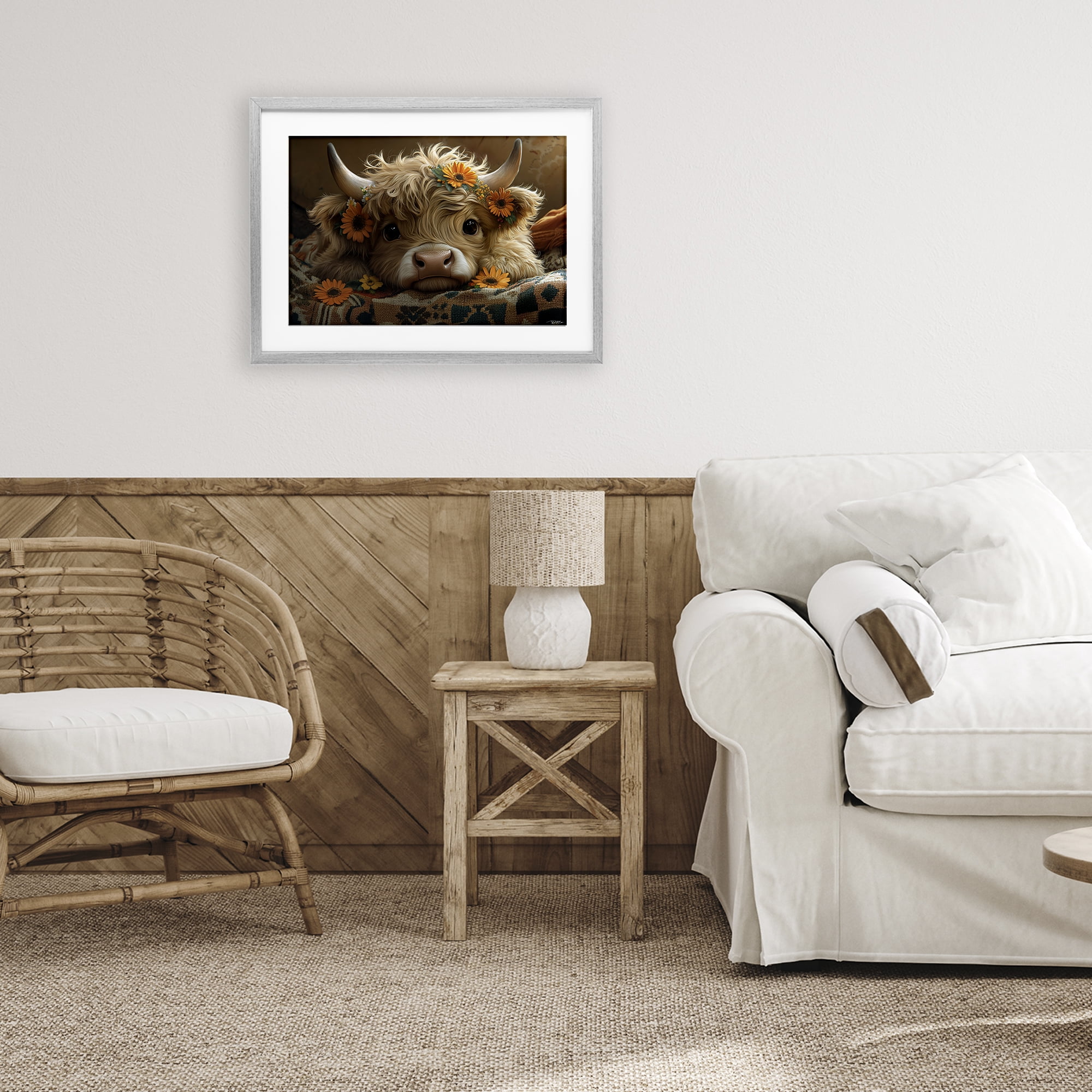 Adorable Flower Bedecked Cattle Gray Framed Print Under Glass, design by Momart