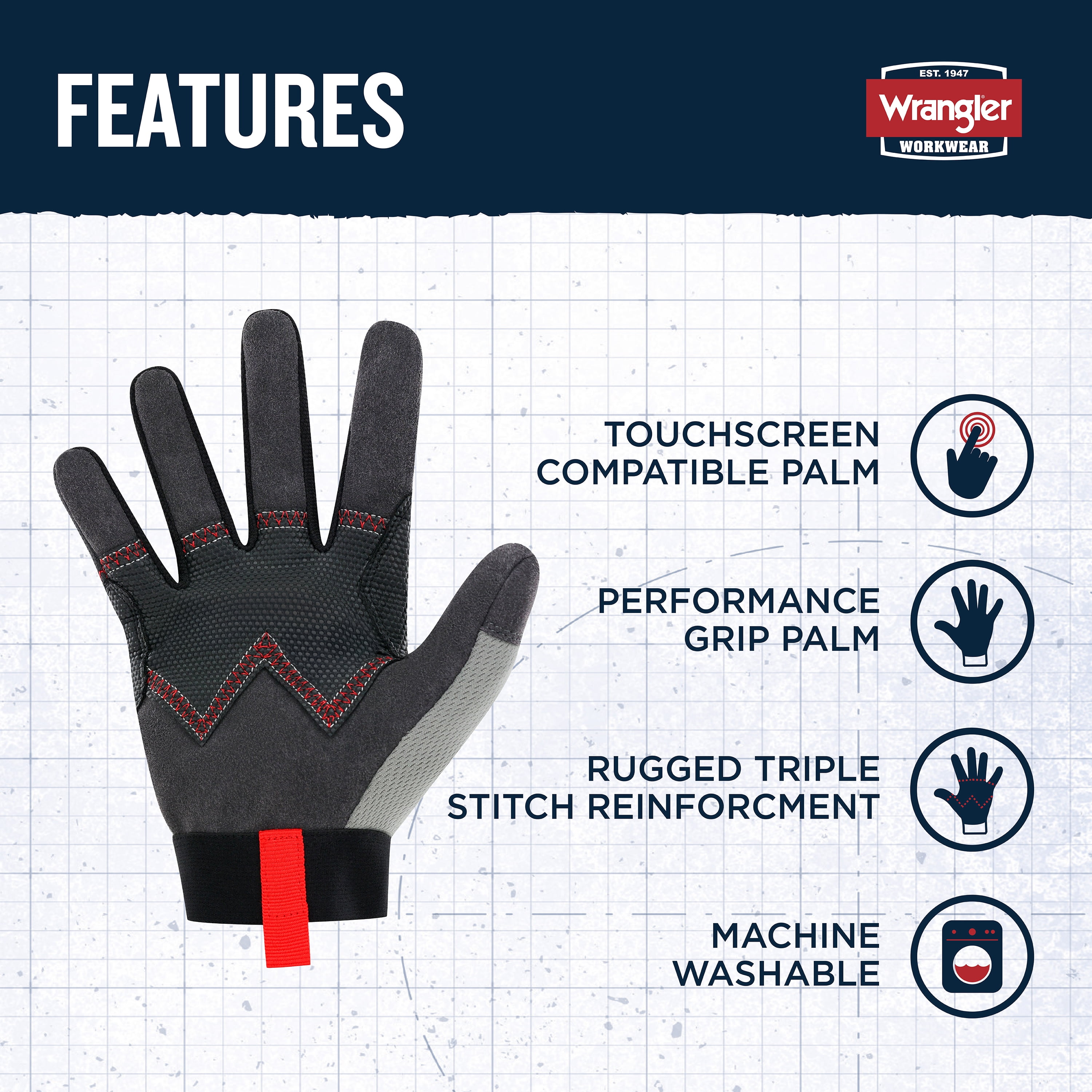 Wrangler Men’s Builder Work Gloves – Large, Synthetic Leather Palm Glove, Reinforced Grip, Breathable