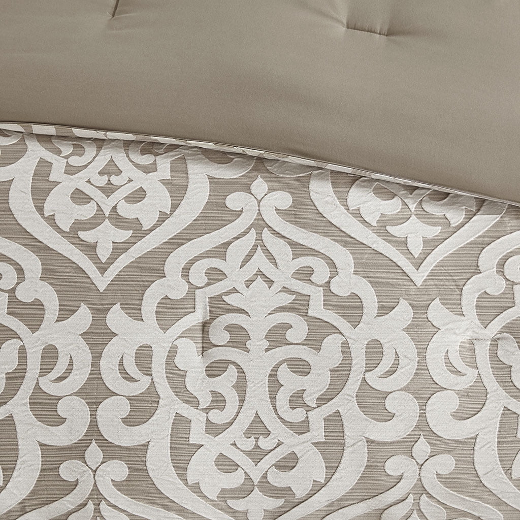 Madison Park Cal King Size 8-Piece Comforter Set, Jacquard Bed in a Bag Set, Bedding Set with Sheets and Decor Pillows, Tan/Ivory