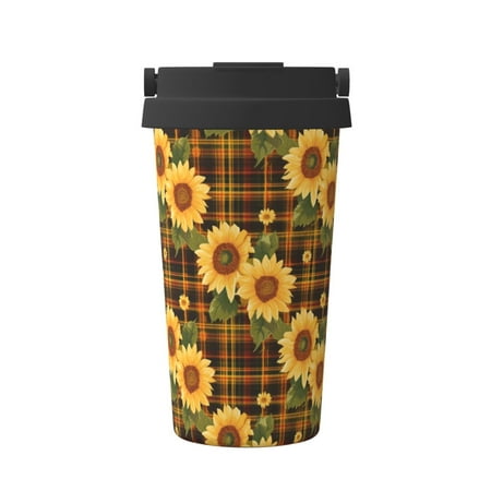 

Tebeau Yellow Black Plaid Sunflower Print Travel Coffee Mug Insulated Coffee Cup with Leakproof Lid Coffee Tumbler Reusable Coffee Cups with Seal Lid