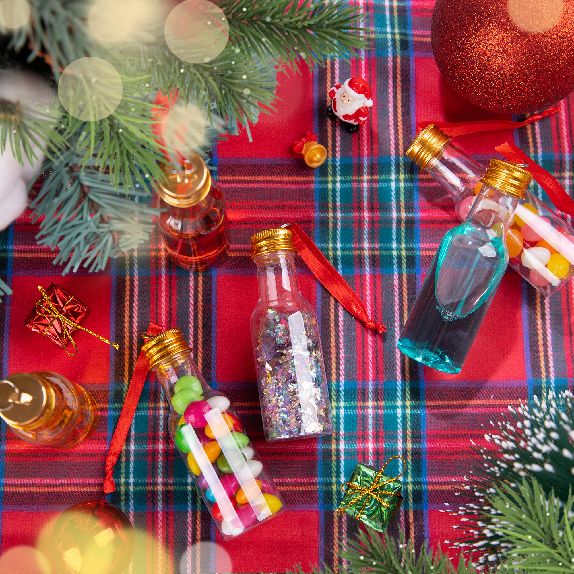 Fillable Christmas Ornament Drink Balls, 50ml Reusable Plastic Bottle-Shape Baubles, 6-Piece Set for Tree Hanging and White Elephant Gifts