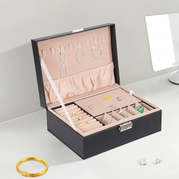 Wildnix Jewelry Box with 2 Tiers, Ring Slots, Necklace Hooks, and Security Lock, Compact Travel Storage