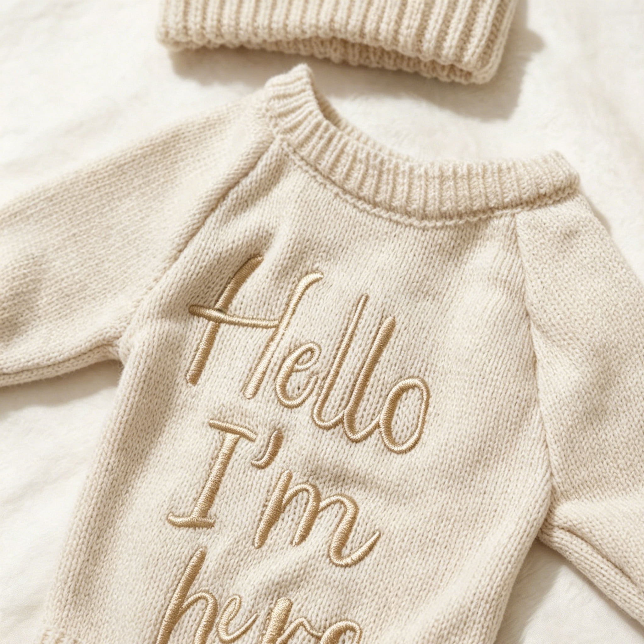 "Hello" Embroidery Knitting Onesie Newborn Birth Announcement Outfits Footed Jumpsuit Baby Boy Girl Photography Props Newborn