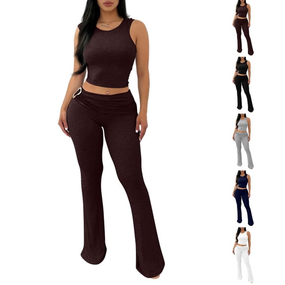 Stichou Women's 2 Piece Outfits Sleeveless Crop Tank Top and High Waisted Flared Pants Set Casual Tracksuit Brown S