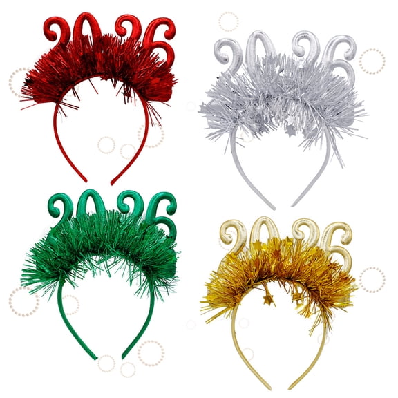 Jinswick 4 Pieces Happy New Year Headband New Year Head Bopper with Tinsel Party Headbands for Kids Adults New Years Eve Supplies, 4 Colors