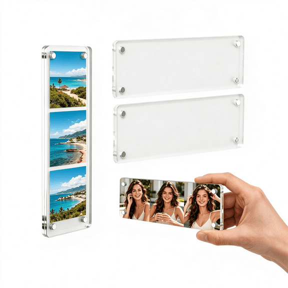 XIBUFE Photo Booth Frame, 3 Pack Magnetic 2X6 Acrylic Frameless Photo Strip Frames, Double-Sided Display, Strong Magnets for Fridge & Metal Surfaces, Horizontal Desktop Stand