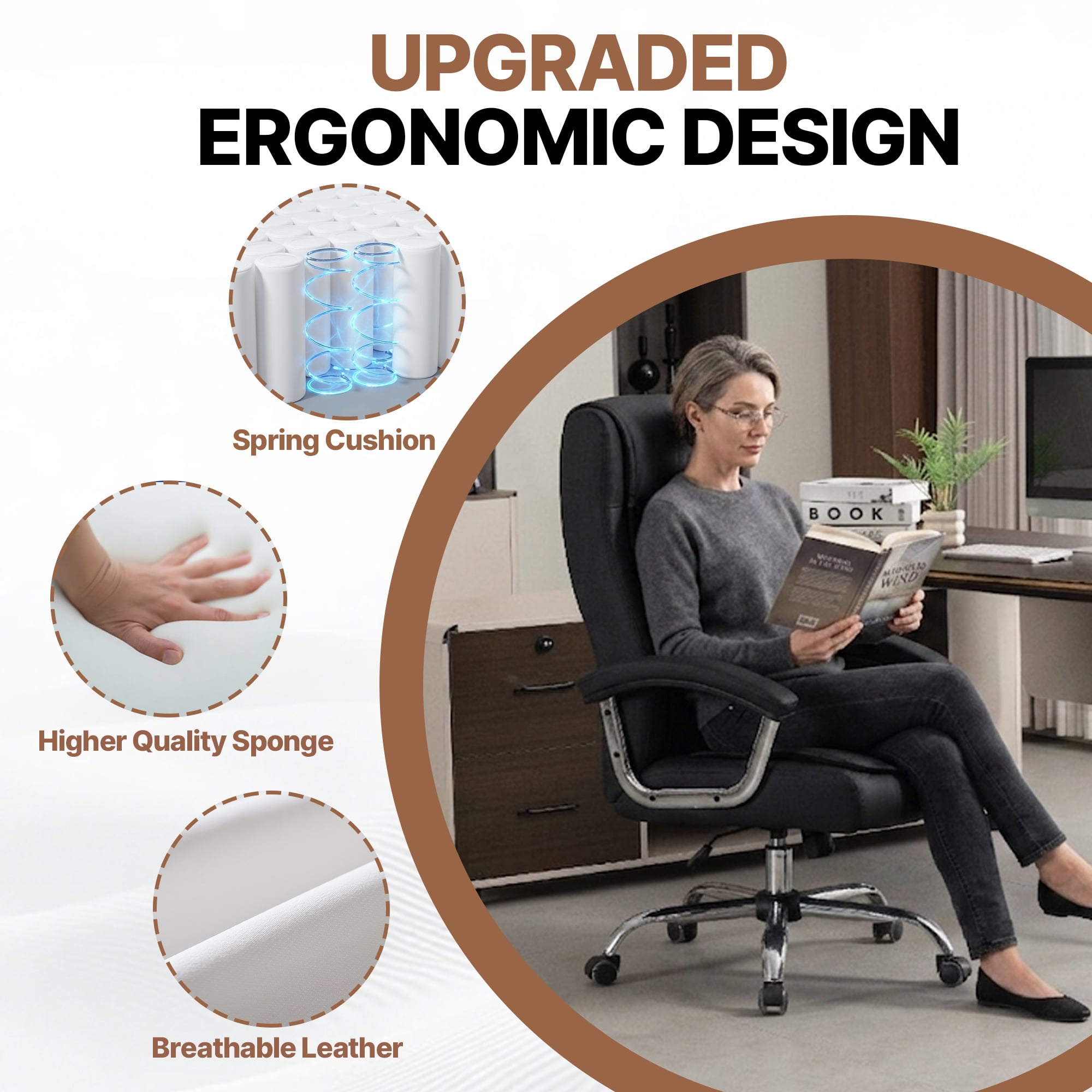 Ergonomic High Back Office Chair, Adjustable PU Leather Executive Swivel Desk Chair with Spring Padded Seat & Armrest, 350 LBS Capacity Computer Chair for Home Office，Black
