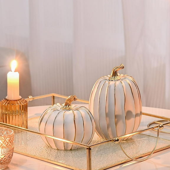 Pumpkin Fall Decor, White and Gold Pumpkins for Decorating Thanksgiving Table Centerpieces, Artificial Resin Pumpkins Decor for Mantel, Harvest Autumn Tabletop