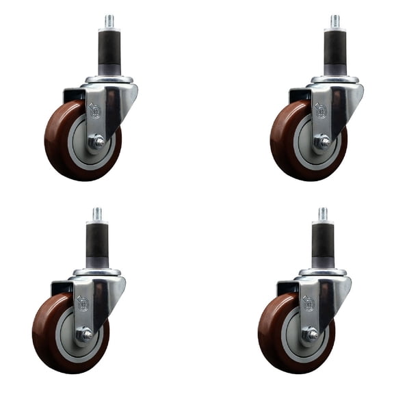 3.5 Inch Maroon Poly Wheel Swivel 1-1/4 Inch Expanding Stem Caster Set SCC