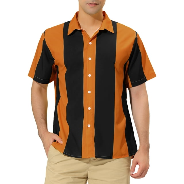 INSPIRE CHIC Men's Striped Button Down Short Sleeve Hawaiian Color Block Shirts S Black Brown