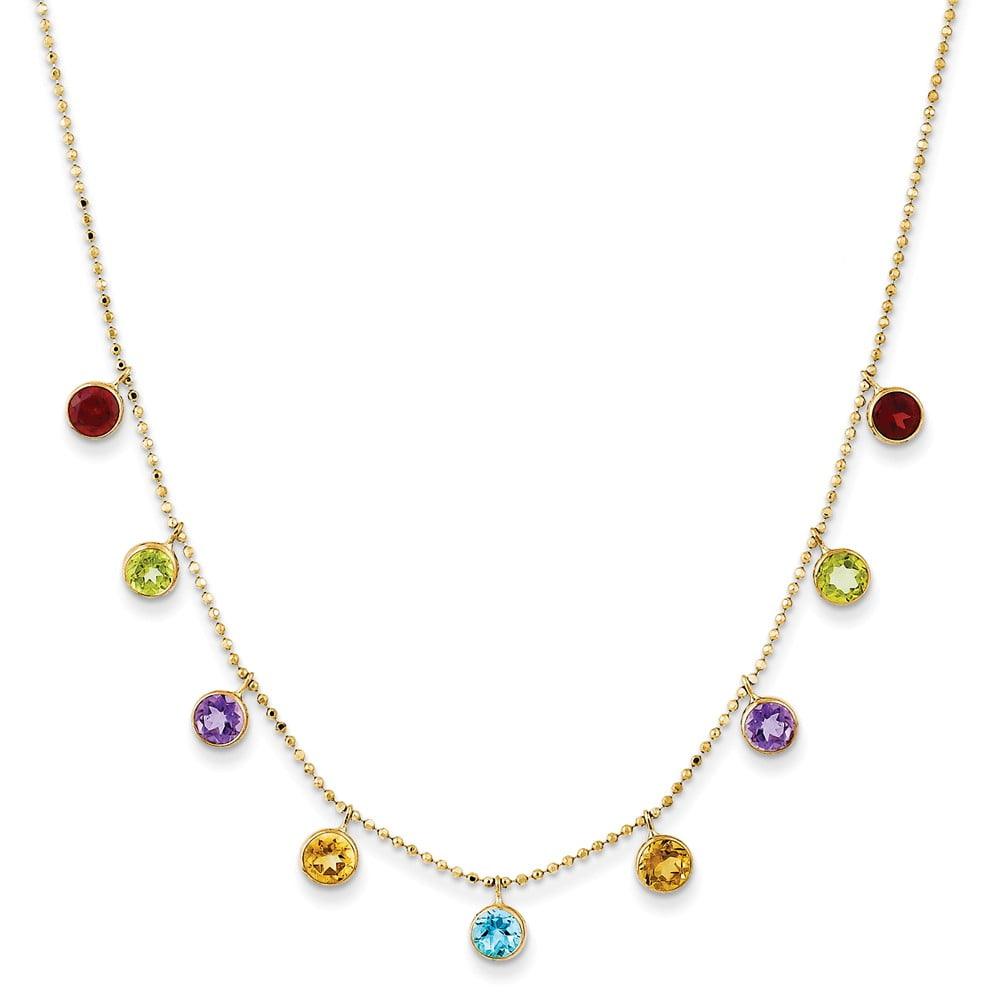 14K Yellow Gold Amethyst, Blue Topaz & Citrine Round Colorful Bezel Station Necklace by