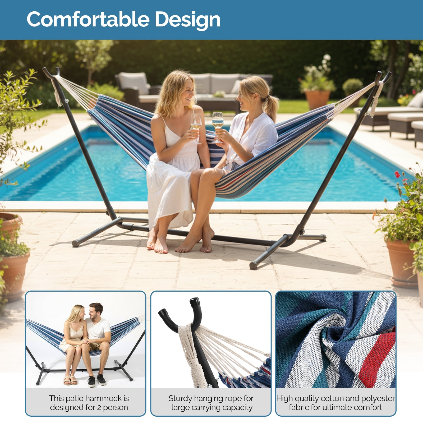 Ktaxon 9ft Yard Hammock Set, Patio Frame with Blue & Purple Striped Cotton Hammock