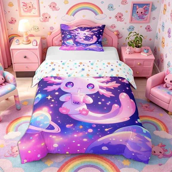 Meiyoeat Cosmic Kawaii Axolotl Twin Duvet Cover, Whimsical Galaxy Planet Pattern Twin Bedding, Purple Pink,2pcs,No Comforter