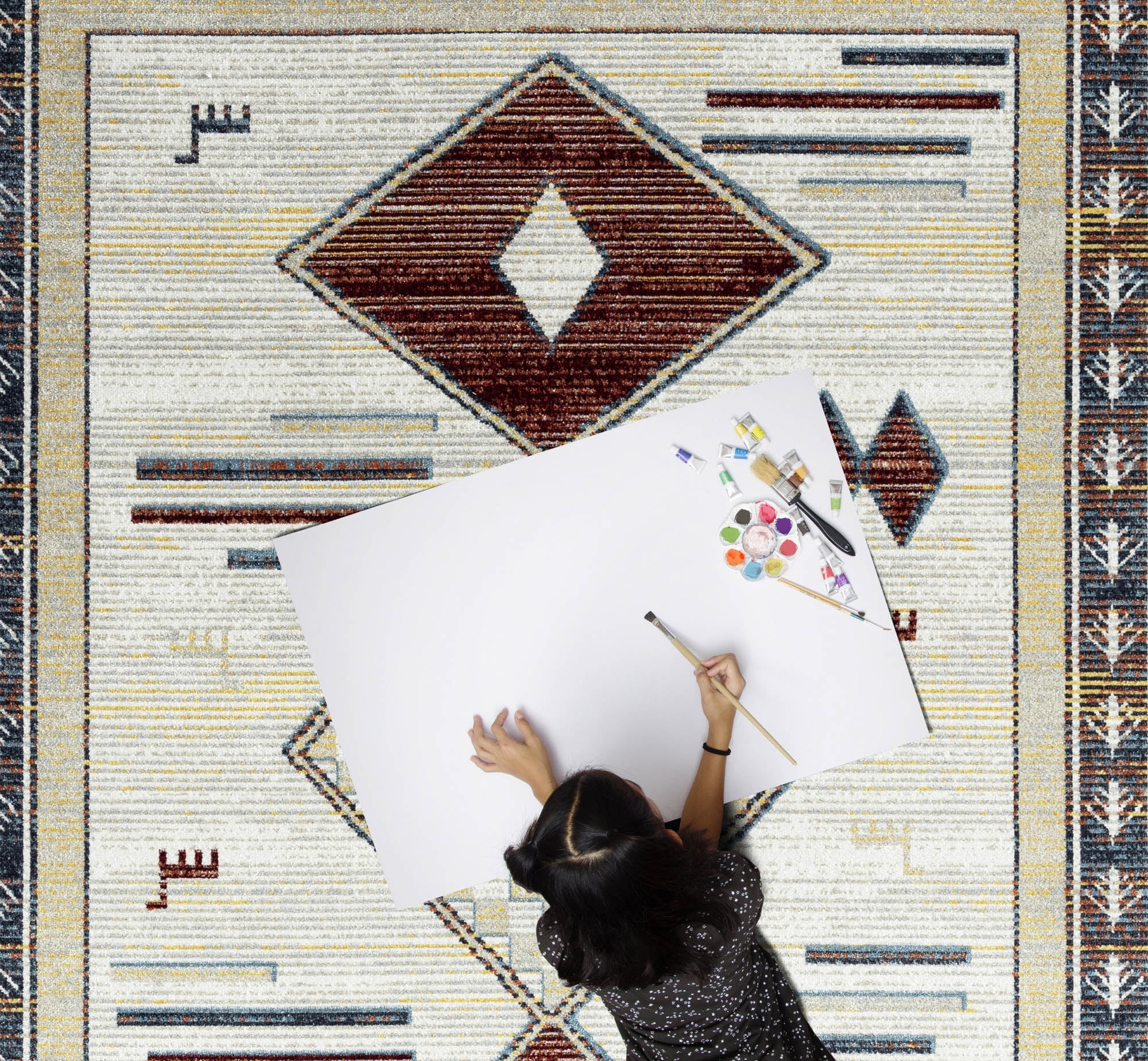 Everwash™ Treasure Southwestern Geometric Machine Washable Area Rug, Beige/Blue, 6'6"x9'2"
