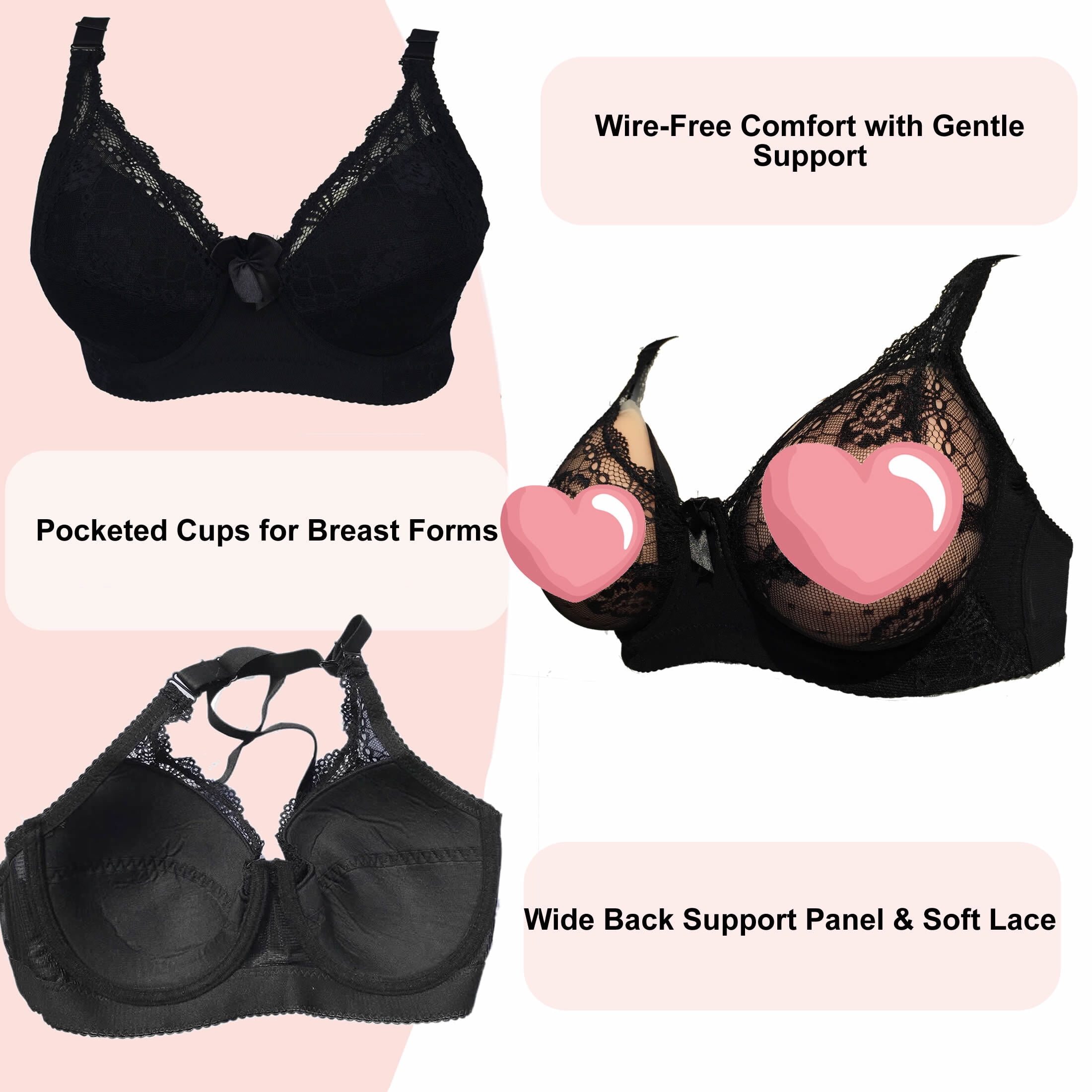 BIMEI Women’s Lace Pocket Bra for Breast Forms | Mastectomy Prosthesis Bra with Underwire & Sheer Lace | Ideal for Silicone Breast Forms, Black, 36