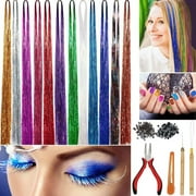 Hair Tinsel Strands Kit, 12 Colors 2400 Strands Tinsel Hair Extensions Pliers Device Tool 200pcs Black Brown Silicone Lined Micro Rings for Girls Women Fashion Beauty