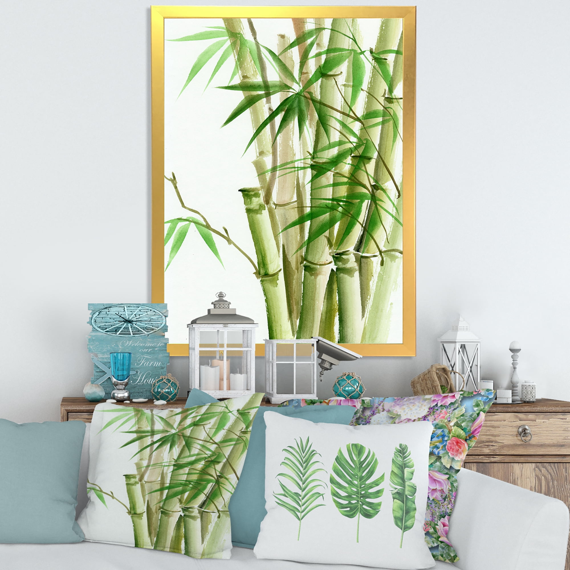Designart 'Detail of Dark Green Bamboo and Leaves II' Traditional Framed Art Print