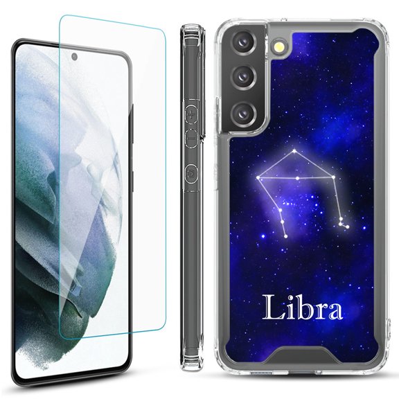 Shockproof Bumper Phone Case for Samsung Galaxy S22  / S22 Plus 5G, with Tempered Glass Screen Protector, by OneToughShield ® - Zodiac / Libra