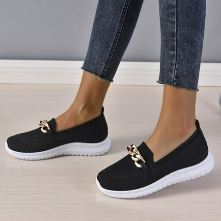 

NEW Metal Gold Chain Decor Slip-on Comfort Flat Nurse Loafers Women Shoes Non Slip Shoes for Women Ladies Mesh Walking Shoes Fit Knit Breathable Womens Shoes Dressy Casual Work Nursing Shoes