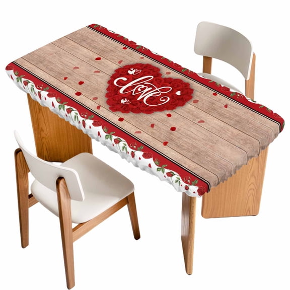 Valentine's Day Table Cloths for 6 Foot Rectangle Tables, Red Love Heart Roses Romantic Vintage Patio Waterproof Elastic Fitted Tablecloths, Washable Rectangular Table Cover for Camping