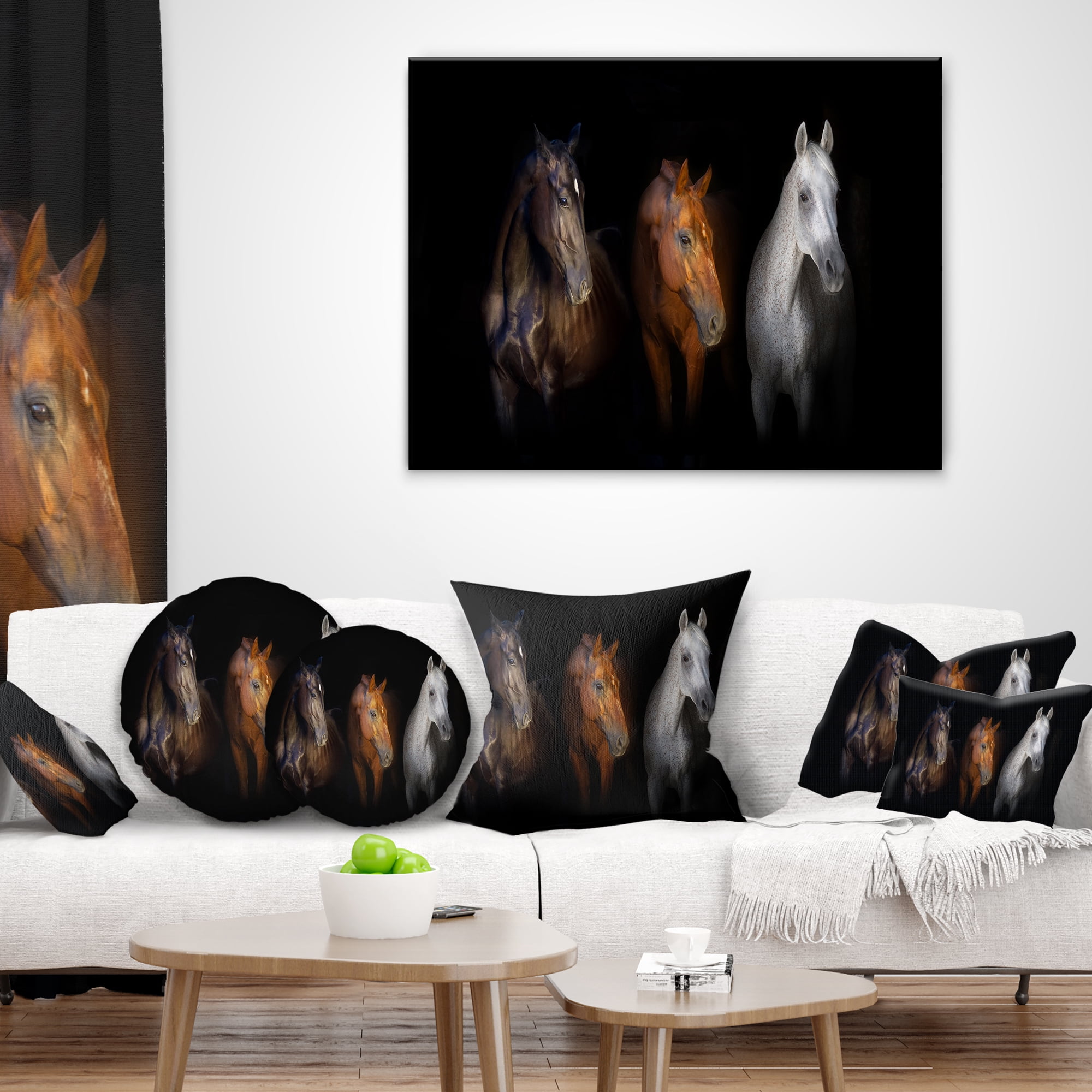 Designart Black Red and White Horses - Animal Throw Pillow - 18x18