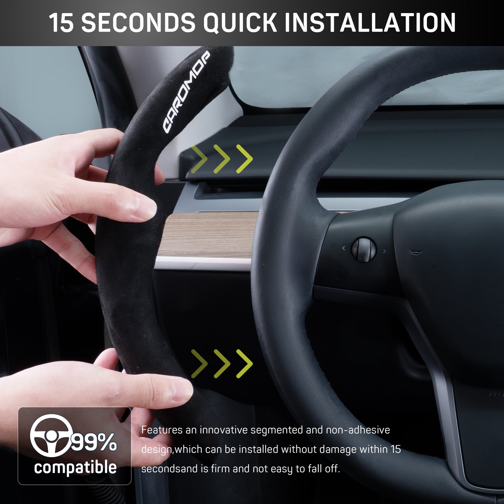 Caromop Suede Steering Wheel Cover, 14.5-15 in, Non-Slip, 2 pack, Black