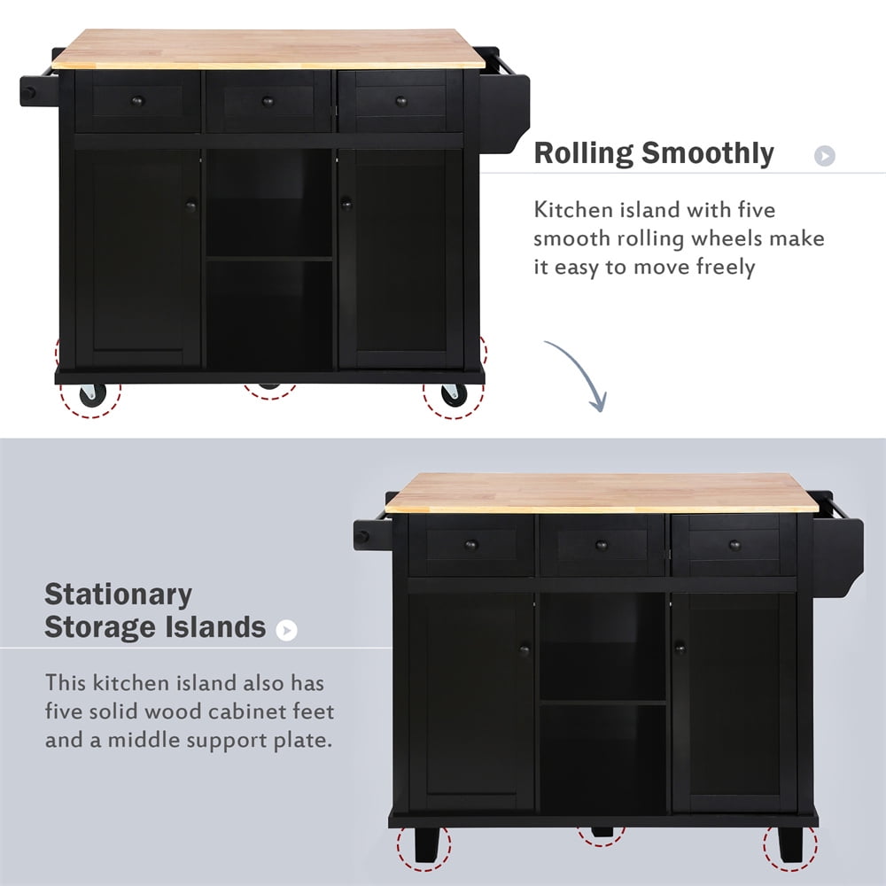 53.1" Kitchen Island Cart with Large Tabletop and Locking Wheels, Kitchen Trolley Cart with 4 Doors Cabinet & 2 Storage Drawers, Spice Rack & Towel Rack, Rolling Kitchen Island Cart, Black