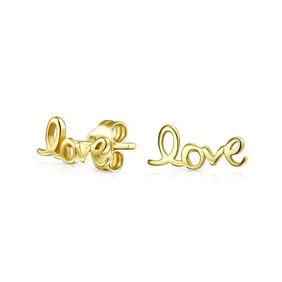 Bling Jewelry Womens Inspirational Script Words LOVE Stud Earrings Gold Plated Sterling Silver