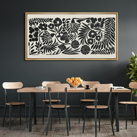 IDEA4WALL Extra Large Framed Canvas Print Wall Art Monochrome Botanicals Black & White Floral Pattern Artwork Nature Vintage Pastel Fine Art Decorative Relax/Calm for Rooms Decor - 60"x30"