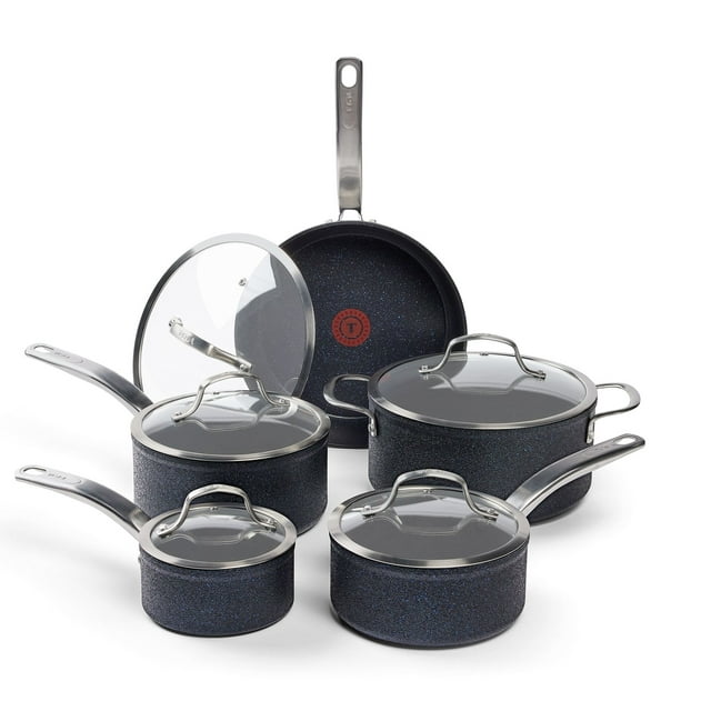 T-fal Stone Shield 10-piece Cookware set with DefenseShield™ Technology, 6-multilayer construction, robust stone texture, dishwasher and oven-safe