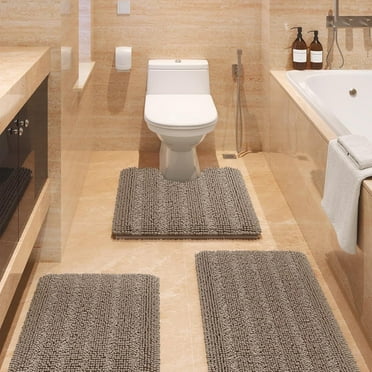 Striped Dark Beige Bathroom Rug Set 3 Pieces Ultra Soft, Non Slip Absorbent Chenille Bath Mats