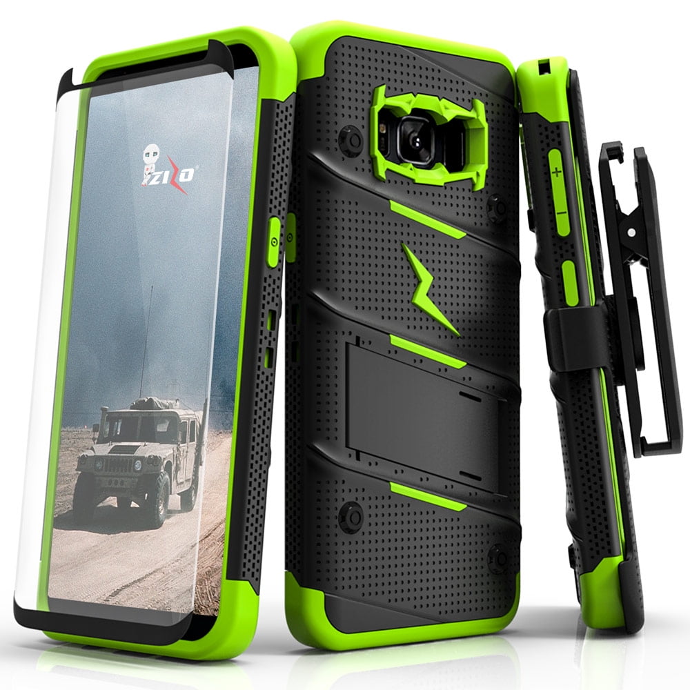 ZIZO BOLT Series for Samsung Galaxy S8 Case Military Grade Drop Tested with Tempered Glass Screen Protector, Holster BLACK NEON GREEN