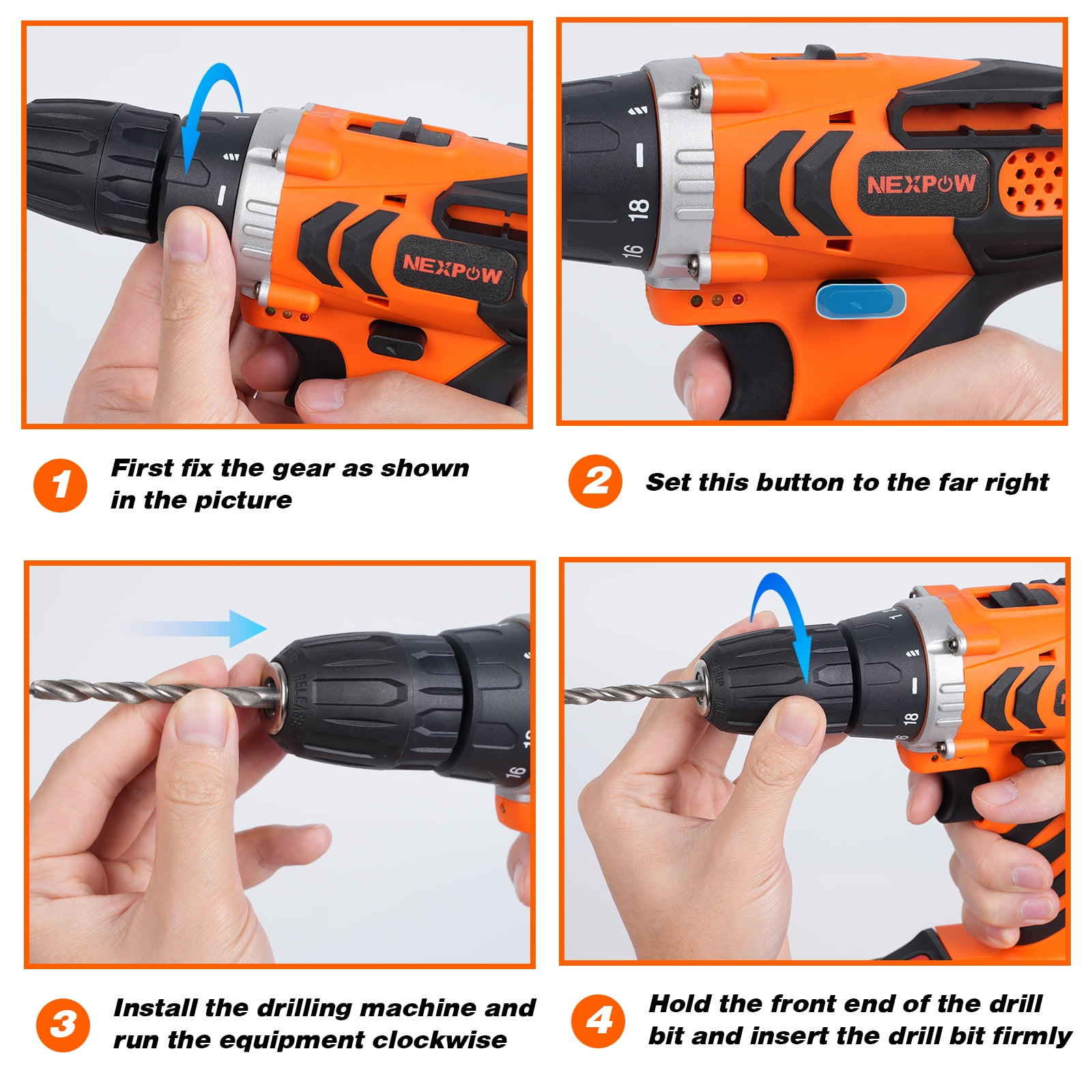 NEXPOW 24V Cordless Drill-Brushless Power Drill Set, 3/8" Keyless Chuck,18+1 Position Electric Drill, 2-Speed Transmission Tool Drill with 2Battery&Fast Charger