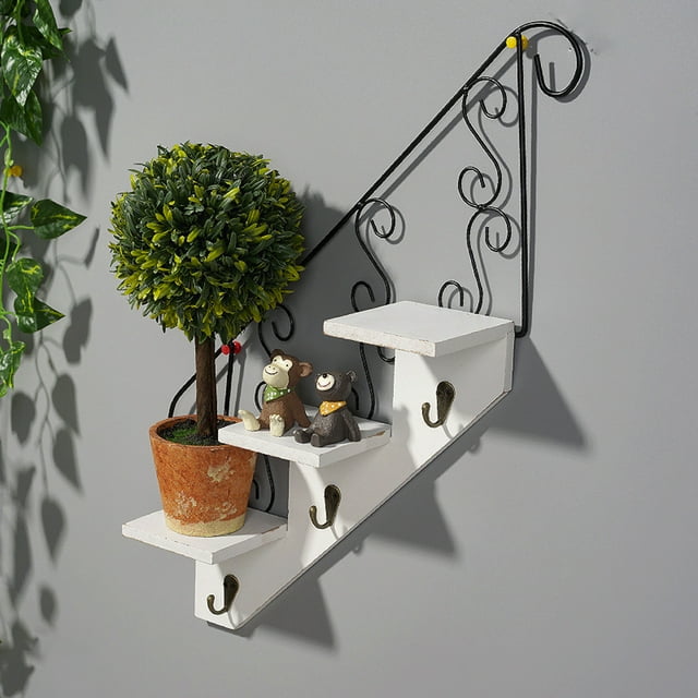 TIMIFIS Iron Rack, Apartment Essentials Wall Shelves Floating Shelves Display Shelf Wall Mounted with Hooks Wooden Step Rack for Living Room Toilet Office Bedroom