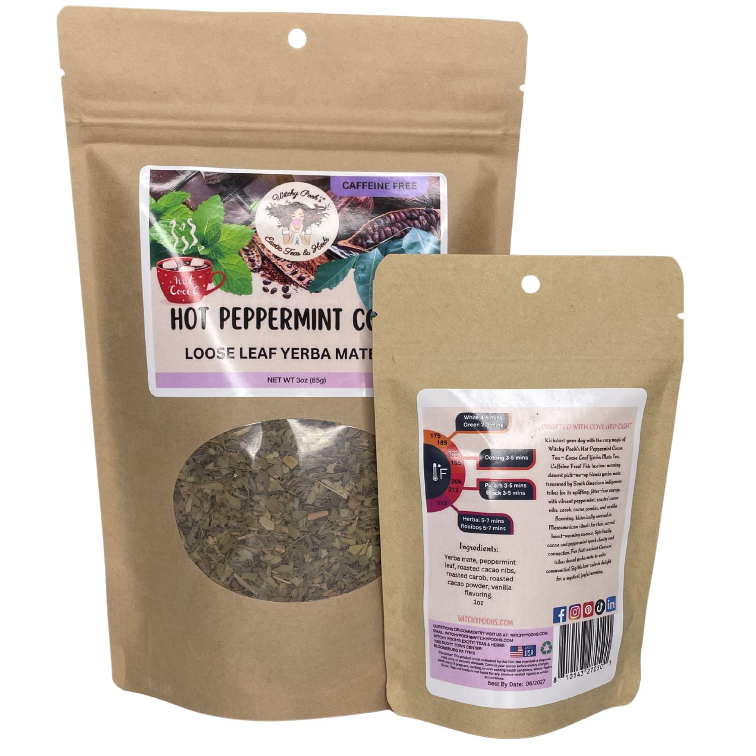 Witchy Pooh's Hot Peppermint Cocoa Tea - Loose Leaf Yerba Mate Herbal Dessert Tea, Caffeine Free, 1oz